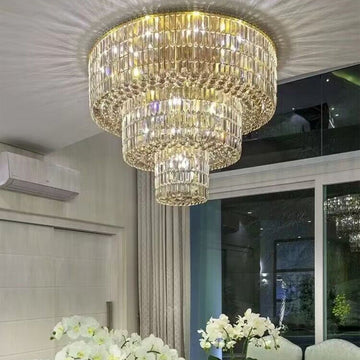 Extra Large Gold Flush Mount Crystal Light Round 3-layers Decorative Living Room/Dining Room Light Fixture-Chandeliers-casivra-casivra