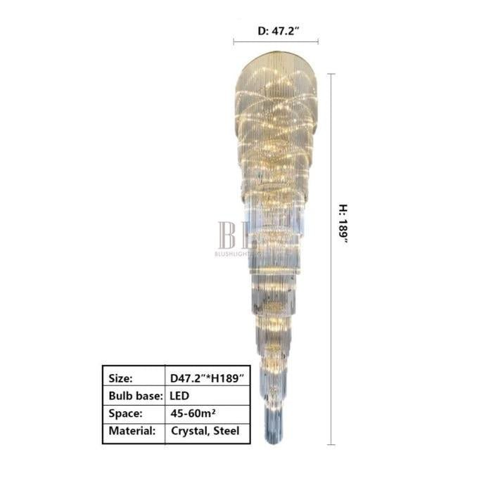 Extra Large Multi - layers Long Golden Crystal Chandelier for 2 - Storey/Duplex Buildings/Dining Room/Staircase - D 47.2"*H 189"casivra
