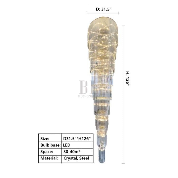 Extra Large Multi - layers Long Golden Crystal Chandelier for 2 - Storey/Duplex Buildings/Dining Room/Staircase - D 31.5"*H 126"casivra