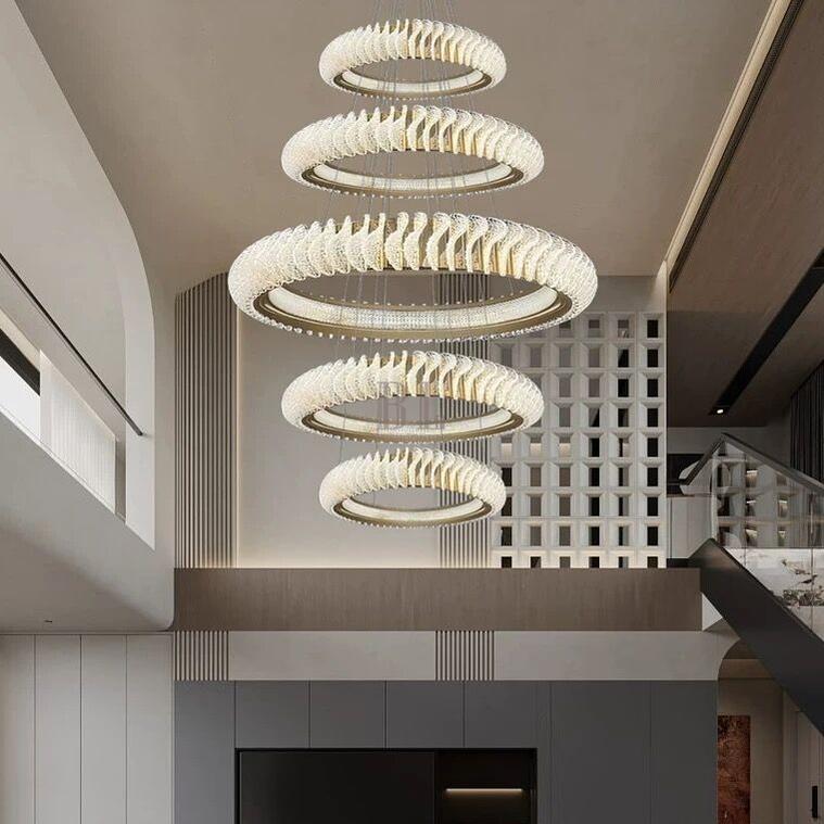 Extra Large Multi - layers Rings Crystal Chandelier Modern Art Waves Creative Pendant Light For High - ciling Foyer/Hallway/Staircase - 4 Layers:D39.4"GoldWarm Lightcasivra