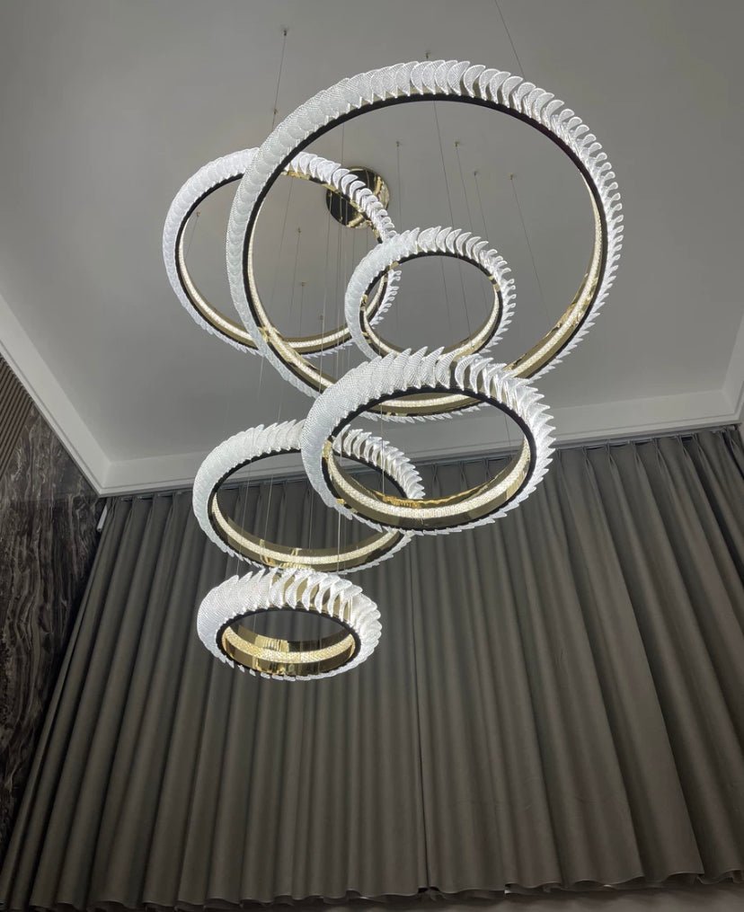 Extra Large Multi - layers Rings Crystal Chandelier Modern Art Waves Creative Pendant Light For High - ciling Foyer/Hallway/Staircase - 4 Layers:D39.4"GoldWarm Lightcasivra