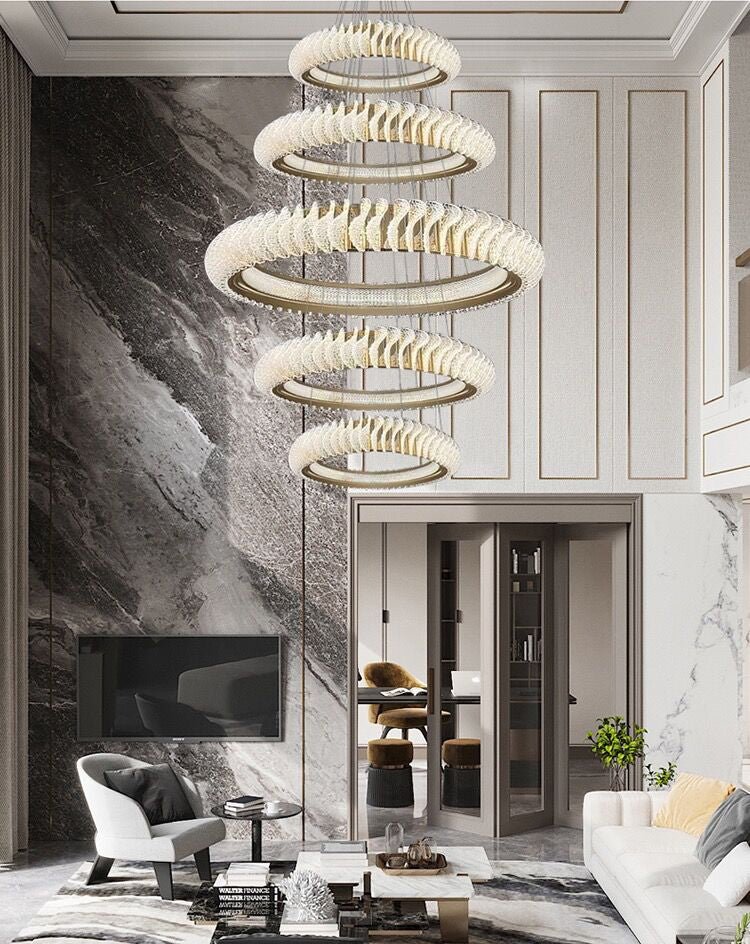 Extra Large Multi - layers Rings Crystal Chandelier Modern Art Waves Creative Pendant Light For High - ciling Foyer/Hallway/Staircase - 4 Layers:D39.4"GoldWarm Lightcasivra