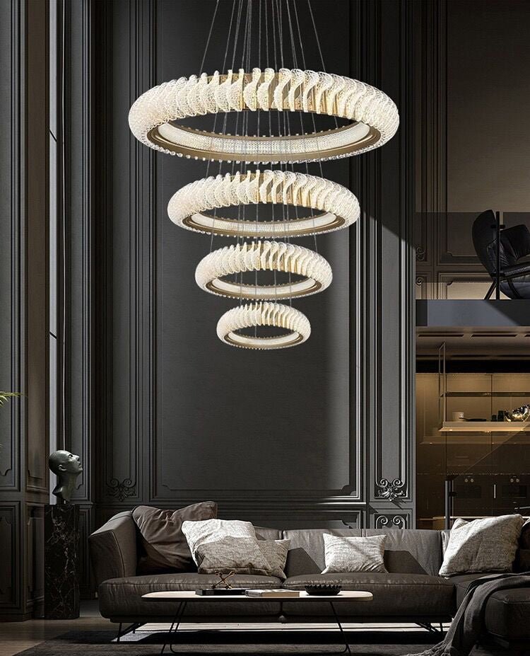 Extra Large Multi - layers Rings Crystal Chandelier Modern Art Waves Creative Pendant Light For High - ciling Foyer/Hallway/Staircase - 4 Layers:D39.4"GoldWarm Lightcasivra