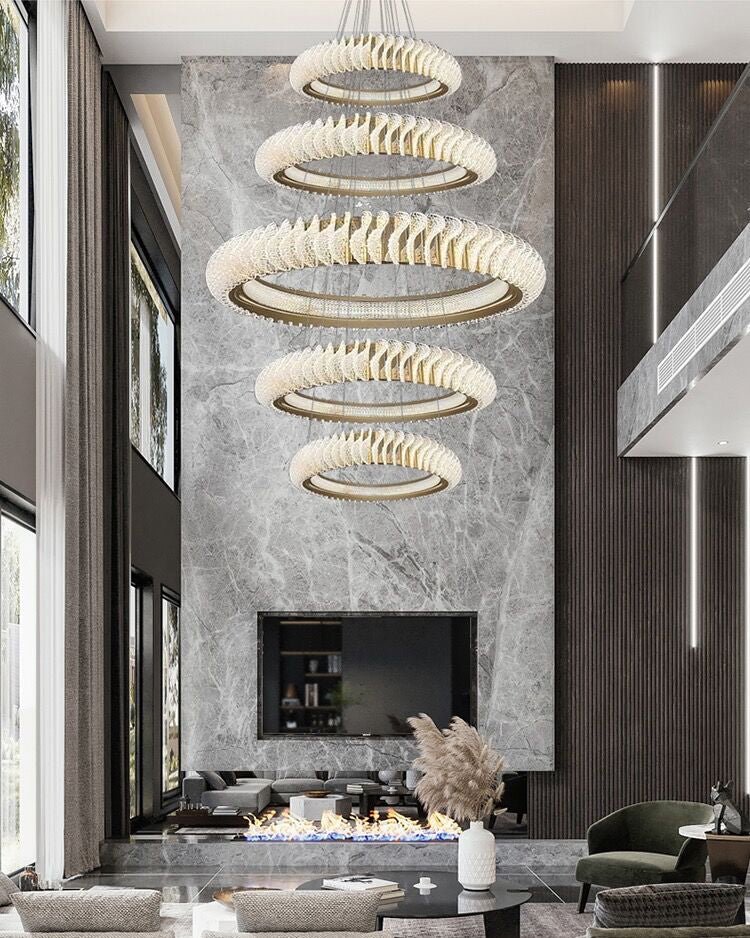Extra Large Multi - layers Rings Crystal Chandelier Modern Art Waves Creative Pendant Light For High - ciling Foyer/Hallway/Staircase - 4 Layers:D39.4"GoldWarm Lightcasivra