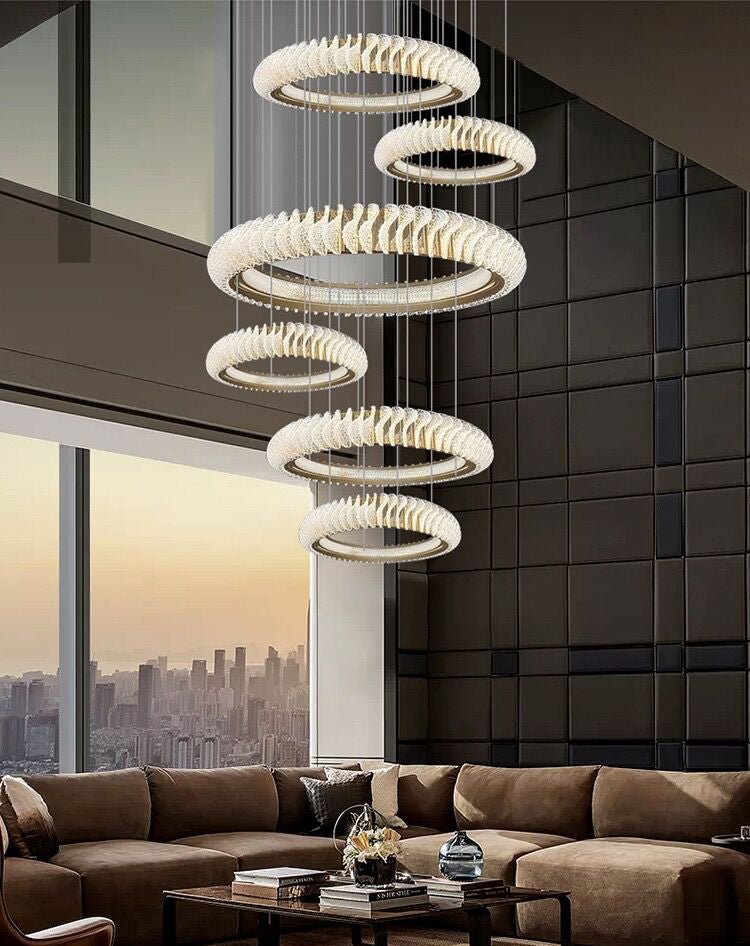 Extra Large Multi - layers Rings Crystal Chandelier Modern Art Waves Creative Pendant Light For High - ciling Foyer/Hallway/Staircase - 4 Layers:D39.4"GoldWarm Lightcasivra