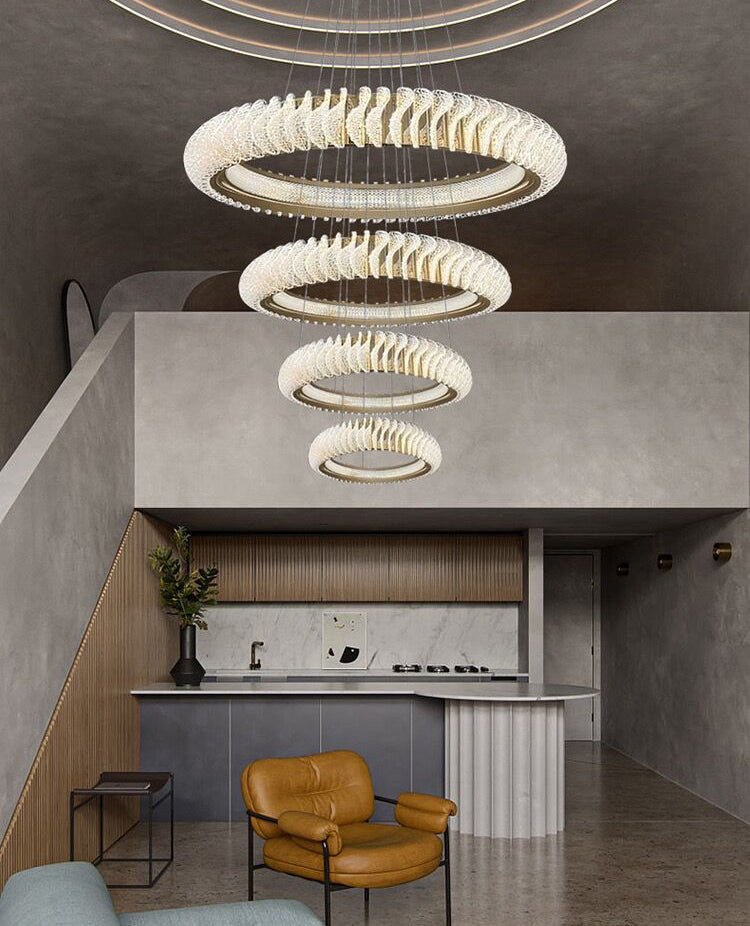 Extra Large Multi - layers Rings Crystal Chandelier Modern Art Waves Creative Pendant Light For High - ciling Foyer/Hallway/Staircase - 4 Layers:D39.4"GoldWarm Lightcasivra