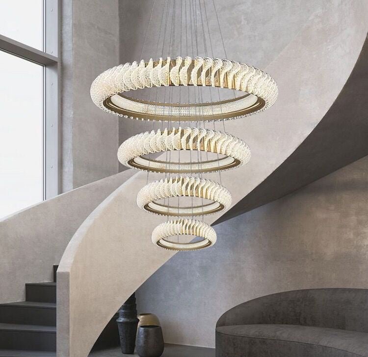 Extra Large Multi - layers Rings Crystal Chandelier Modern Art Waves Creative Pendant Light For High - ciling Foyer/Hallway/Staircase - 4 Layers:D39.4"GoldWarm Lightcasivra