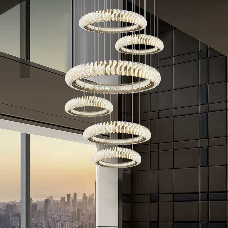 Extra Large Multi - layers Rings Crystal Chandelier Modern Art Waves Creative Pendant Light For High - ciling Foyer/Hallway/Staircase - 4 Layers:D39.4"GoldWarm Lightcasivra