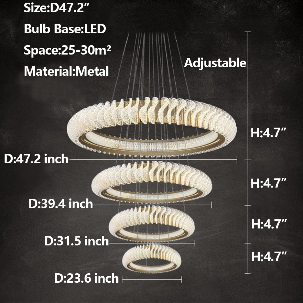 Extra Large Multi - layers Rings Crystal Chandelier Modern Art Waves Creative Pendant Light For High - ciling Foyer/Hallway/Staircase - 4 Layers:D39.4"GoldWarm Lightcasivra