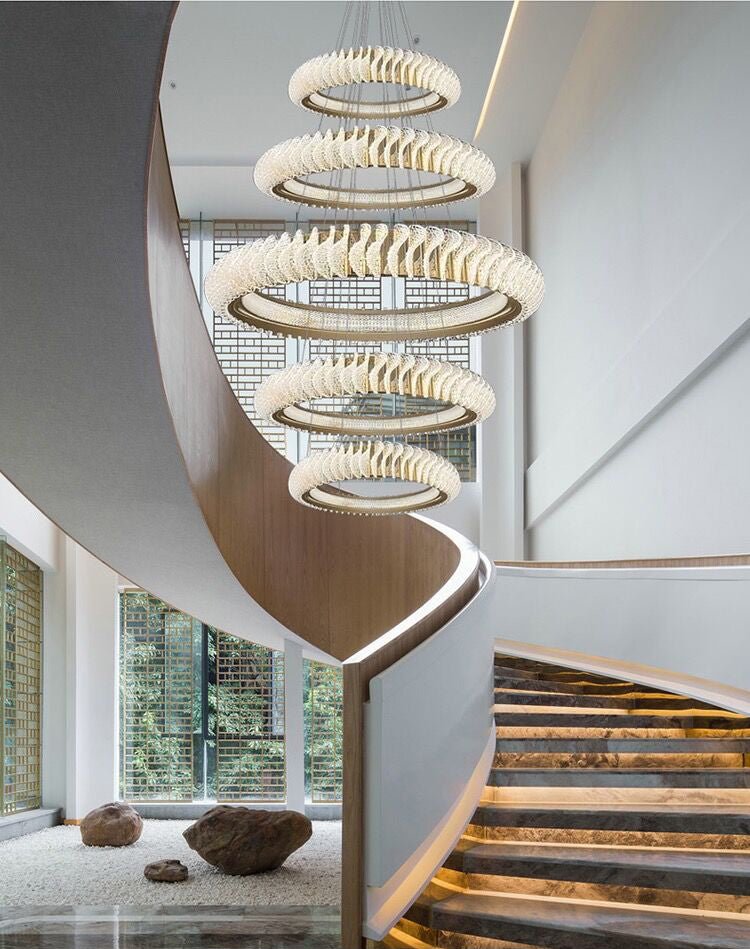 Extra Large Multi - layers Rings Crystal Chandelier Modern Art Waves Creative Pendant Light For High - ciling Foyer/Hallway/Staircase - 4 Layers:D39.4"GoldWarm Lightcasivra