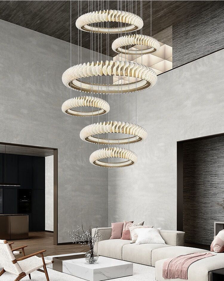 Extra Large Multi - layers Rings Crystal Chandelier Modern Art Waves Creative Pendant Light For High - ciling Foyer/Hallway/Staircase - 4 Layers:D39.4"GoldWarm Lightcasivra