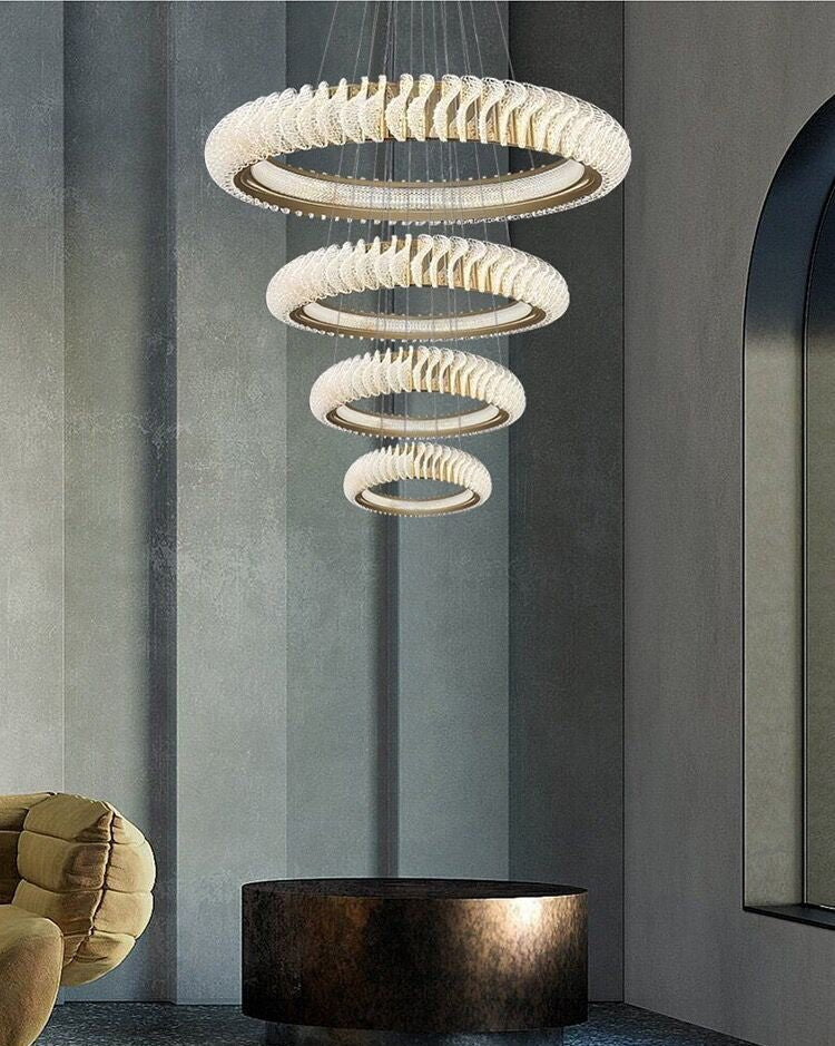 Extra Large Multi - layers Rings Crystal Chandelier Modern Art Waves Creative Pendant Light For High - ciling Foyer/Hallway/Staircase - 4 Layers:D39.4"GoldWarm Lightcasivra