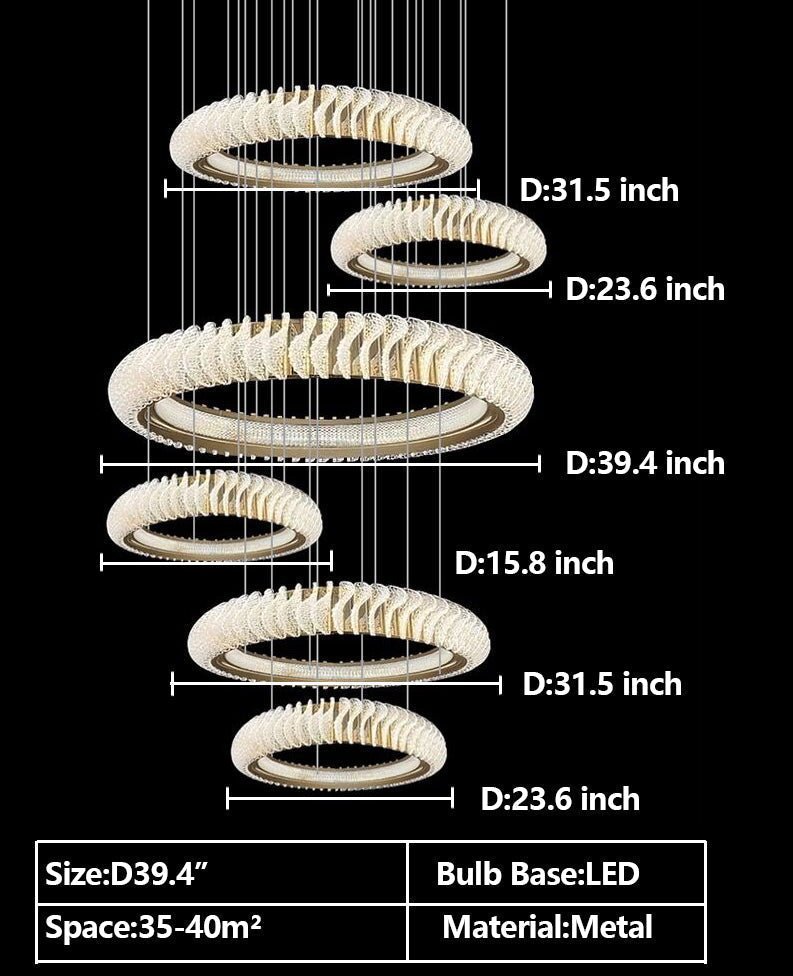 Extra Large Multi - layers Rings Crystal Chandelier Modern Art Waves Creative Pendant Light For High - ciling Foyer/Hallway/Staircase - 4 Layers:D39.4"GoldWarm Lightcasivra