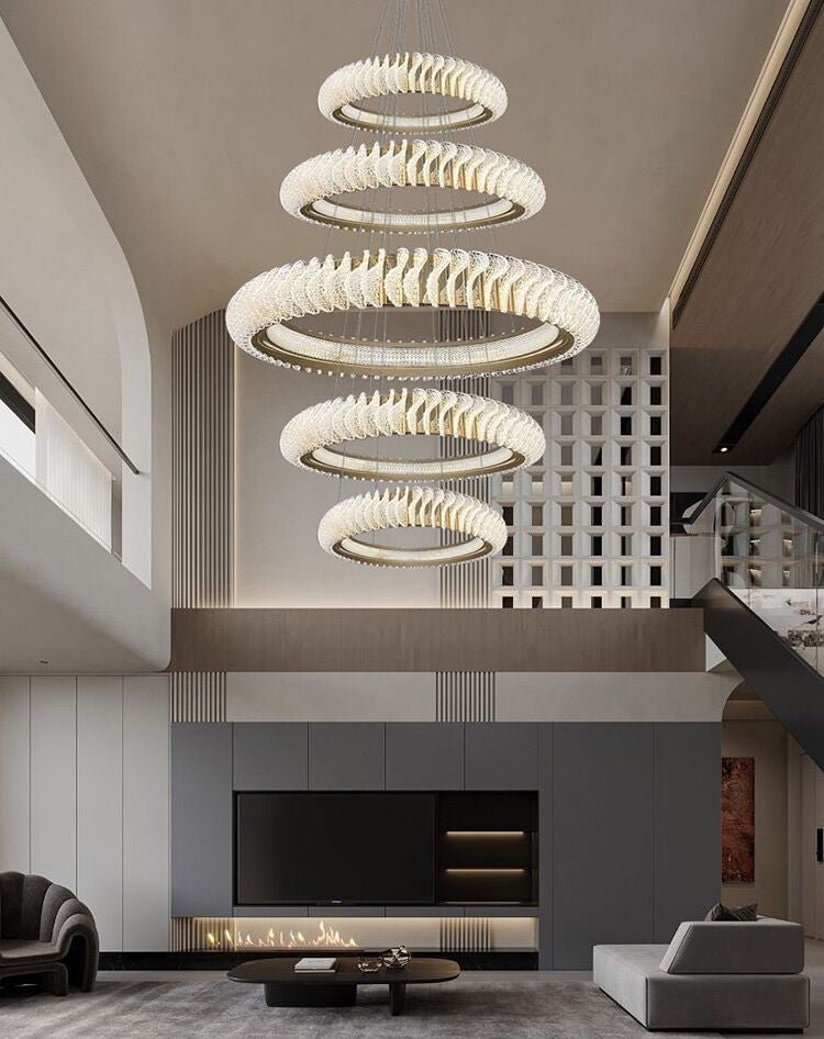 Extra Large Multi - layers Rings Crystal Chandelier Modern Art Waves Creative Pendant Light For High - ciling Foyer/Hallway/Staircase - 4 Layers:D39.4"GoldWarm Lightcasivra