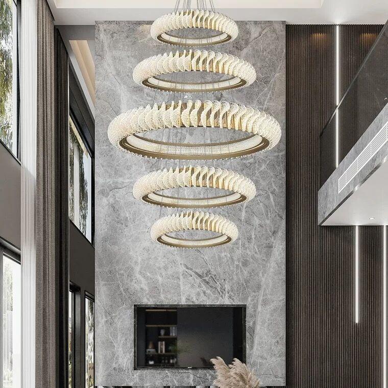 Extra Large Multi - layers Rings Crystal Chandelier Modern Art Waves Creative Pendant Light For High - ciling Foyer/Hallway/Staircase - 4 Layers:D39.4"GoldWarm Lightcasivra