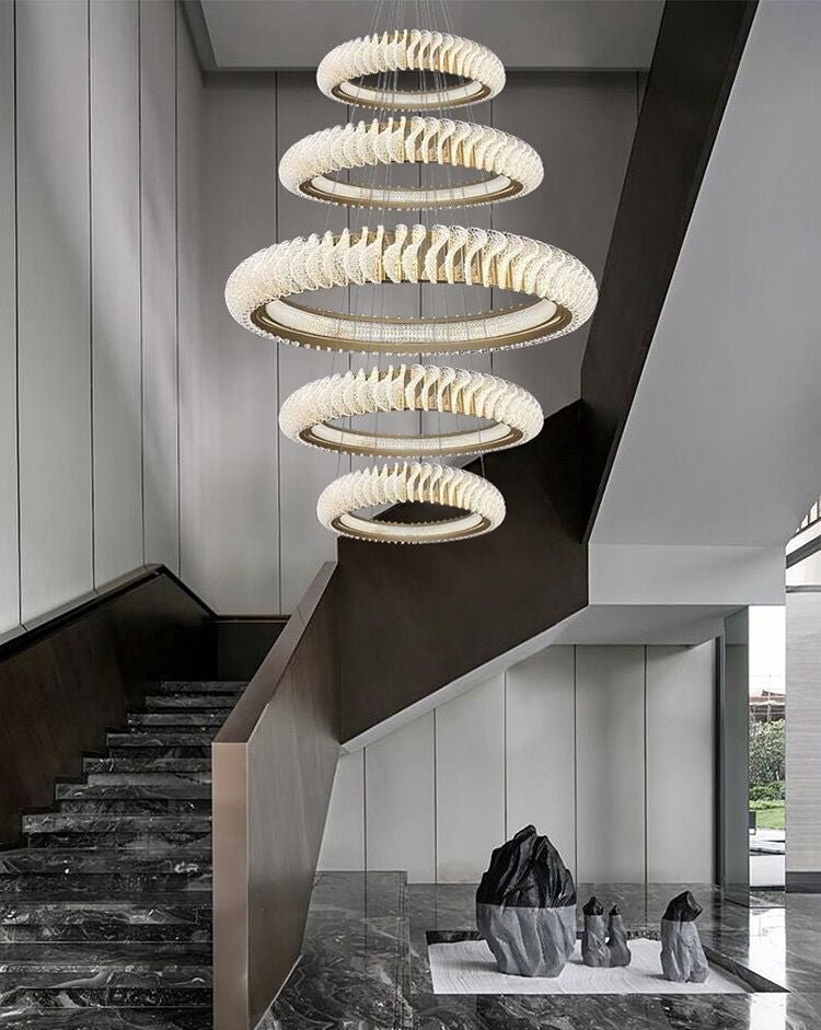 Extra Large Multi - layers Rings Crystal Chandelier Modern Art Waves Creative Pendant Light For High - ciling Foyer/Hallway/Staircase - 4 Layers:D39.4"GoldWarm Lightcasivra