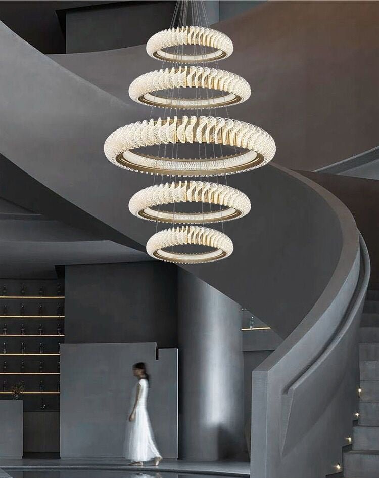 Extra Large Multi - layers Rings Crystal Chandelier Modern Art Waves Creative Pendant Light For High - ciling Foyer/Hallway/Staircase - 4 Layers:D39.4"GoldWarm Lightcasivra