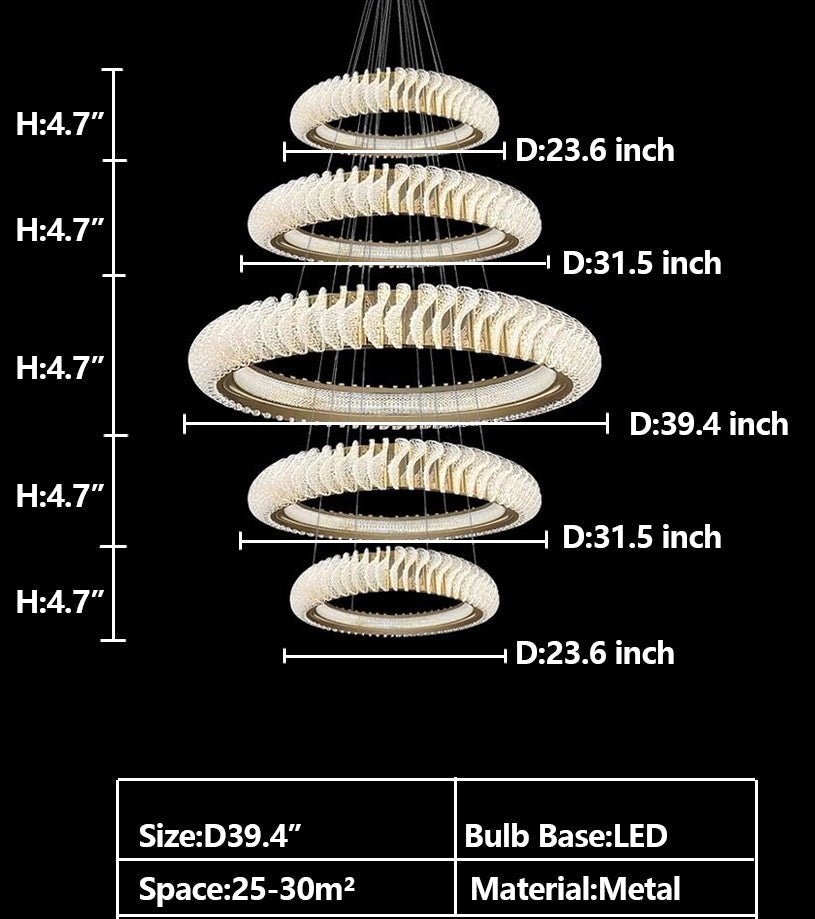 Extra Large Multi - layers Rings Crystal Chandelier Modern Art Waves Creative Pendant Light For High - ciling Foyer/Hallway/Staircase - 4 Layers:D39.4"GoldWarm Lightcasivra