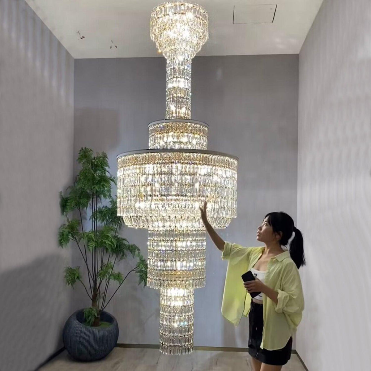 Extra Large Muti - tiered Round Crystal Chandelier with White Leather for High - ceiling - D39.4"*H104.7" (D100cm*H266cm)/95kgWarm Lightcasivra