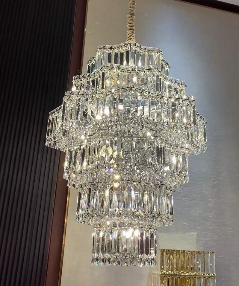Extra Large Plaza Hall Multi - Tier Crystal Chandelier Foyer Living Room Staircase Ceiling Lighting Fixture In Chrome/ Silver Finish - Small/21 Lights/6 Layers/D22.7" * H27.8‘’ChromeWarm Lightcasivra