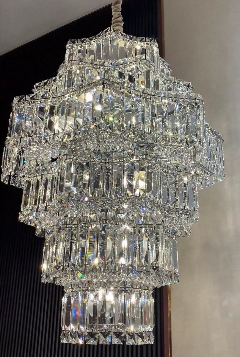 Extra Large Plaza Hall Multi - Tier Crystal Chandelier Foyer Living Room Staircase Ceiling Lighting Fixture In Chrome/ Silver Finish - Small/21 Lights/6 Layers/D22.7" * H27.8‘’ChromeWarm Lightcasivra