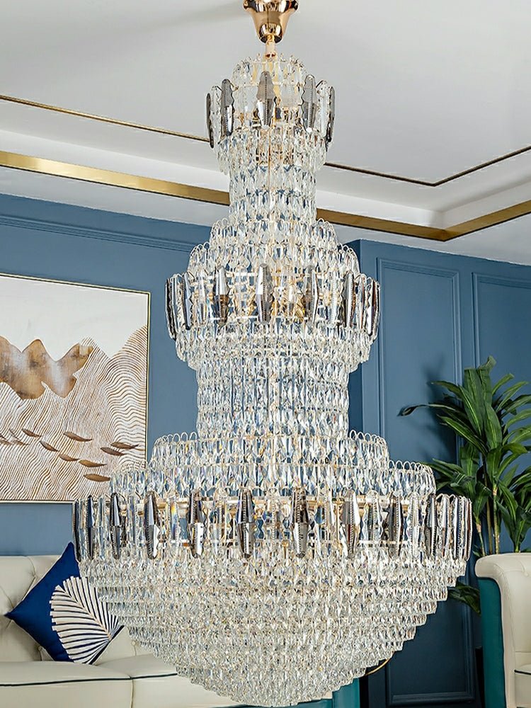 Extra Large Round Crystal Chandelier Luxury Foyer High Ceiling Light Fixture For Living Room/ Hotel Hall Entrance - D39.4"*H63"/ 30 LightsWhite Lightcasivra