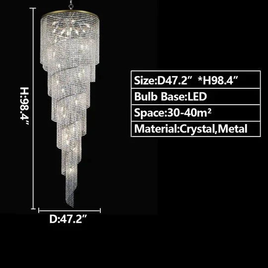 Extra Large Spiral Tiered Long Crystal Chandelier Luxury Crystal Tassel Light Fixture For Staircase/Entryway - D31.5"*H70.9"Goldcasivra