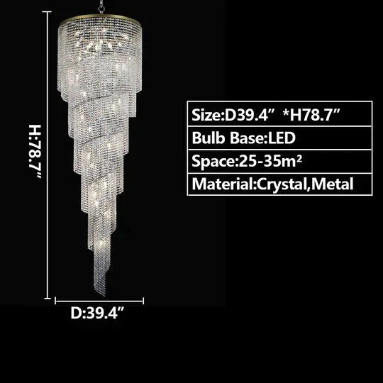 Extra Large Spiral Tiered Long Crystal Chandelier Luxury Crystal Tassel Light Fixture For Staircase/Entryway - D31.5"*H70.9"Goldcasivra