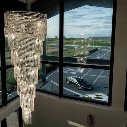 Extra Large Spiral Tiered Long Crystal Chandelier Luxury Crystal Tassel Light Fixture For Staircase/Entryway - D59.1"*H118.1"Goldcasivra