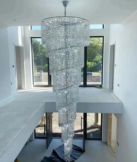 Extra Large Spiral Tiered Long Crystal Chandelier Luxury Crystal Tassel Light Fixture For Staircase/Entryway - D59.1"*H118.1"Goldcasivra