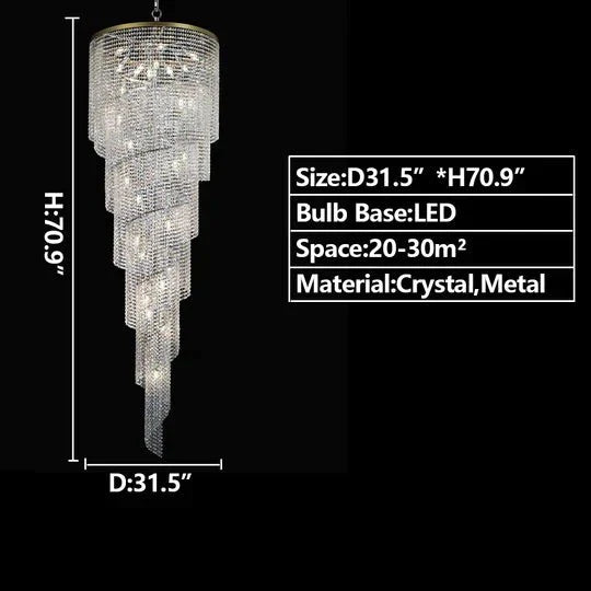 Extra Large Spiral Tiered Long Crystal Chandelier Luxury Crystal Tassel Light Fixture For Staircase/Entryway - D31.5"*H70.9"Goldcasivra