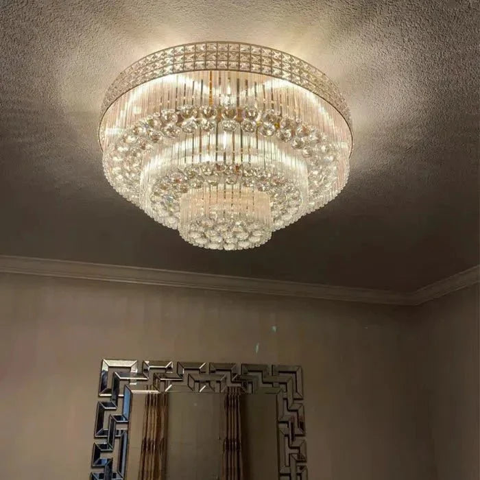 Extra Large Three Layers Round Luxury Flush Mounted Crystal Chandelier for Living Room - D31.5"*H14.2"Warm Lightcasivra