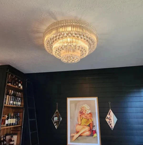 Extra Large Three Layers Round Luxury Flush Mounted Crystal Chandelier for Living Room - D31.5"*H14.2"Warm Lightcasivra