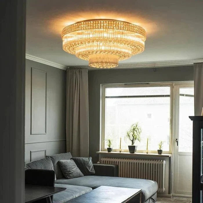Extra Large Three Layers Round Luxury Flush Mounted Crystal Chandelier for Living Room - D31.5"*H14.2"Warm Lightcasivra