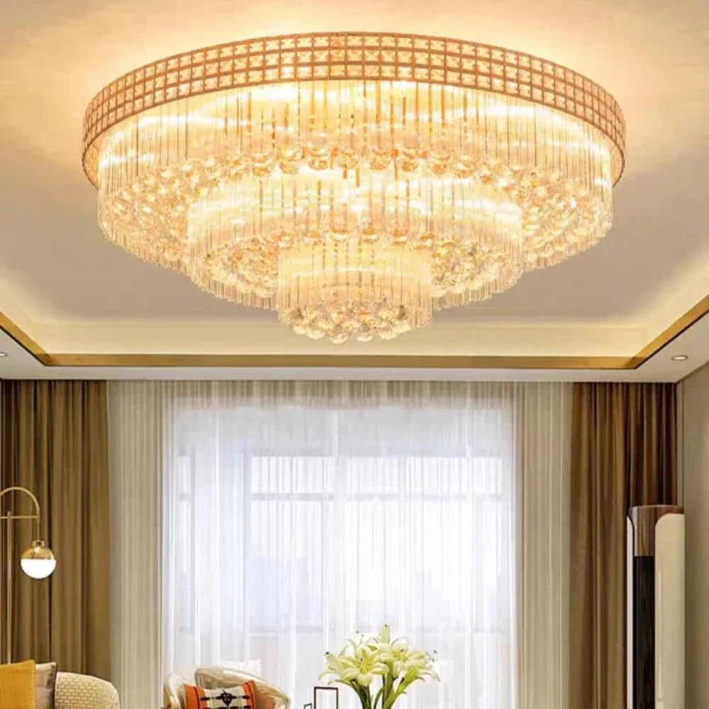 Extra Large Three Layers Round Luxury Flush Mounted Crystal Chandelier for Living Room - D31.5"*H14.2"Warm Lightcasivra