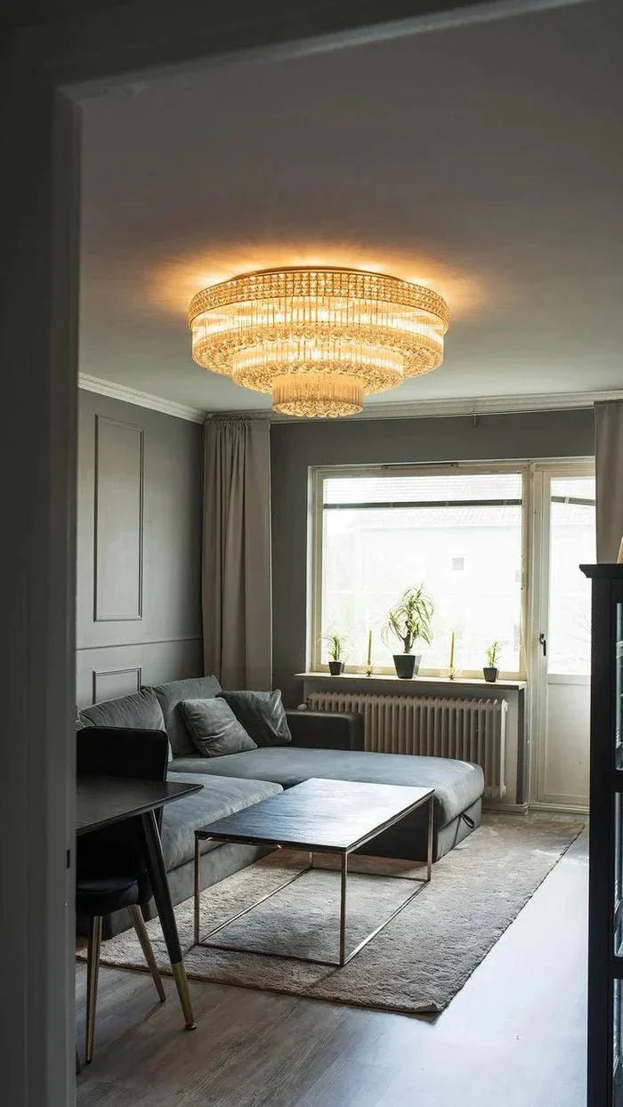 Extra Large Three Layers Round Luxury Flush Mounted Crystal Chandelier for Living Room - D31.5"*H14.2"Warm Lightcasivra