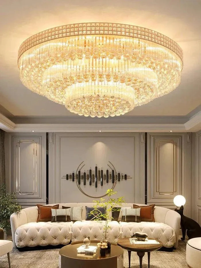 Extra Large Three Layers Round Luxury Flush Mounted Crystal Chandelier for Living Room - D31.5"*H14.2"Warm Lightcasivra