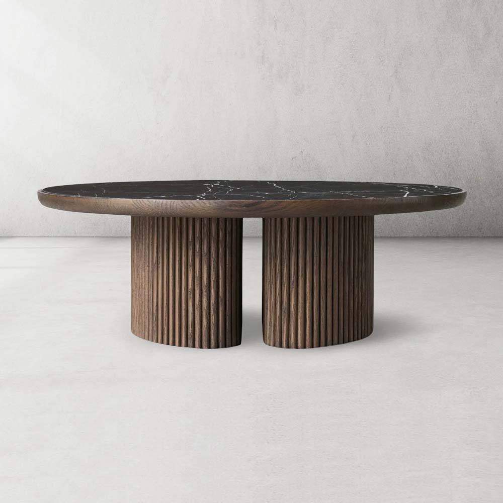 Astor Round Marble Top Coffee Table Wood Cocktail Table Reeded Oak Base Sofa Center Tea Table