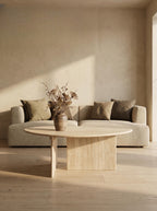 Luxury Beige Travertine Organic Egg Shape Coffee Table | Sculptural Natural Stone Center Table