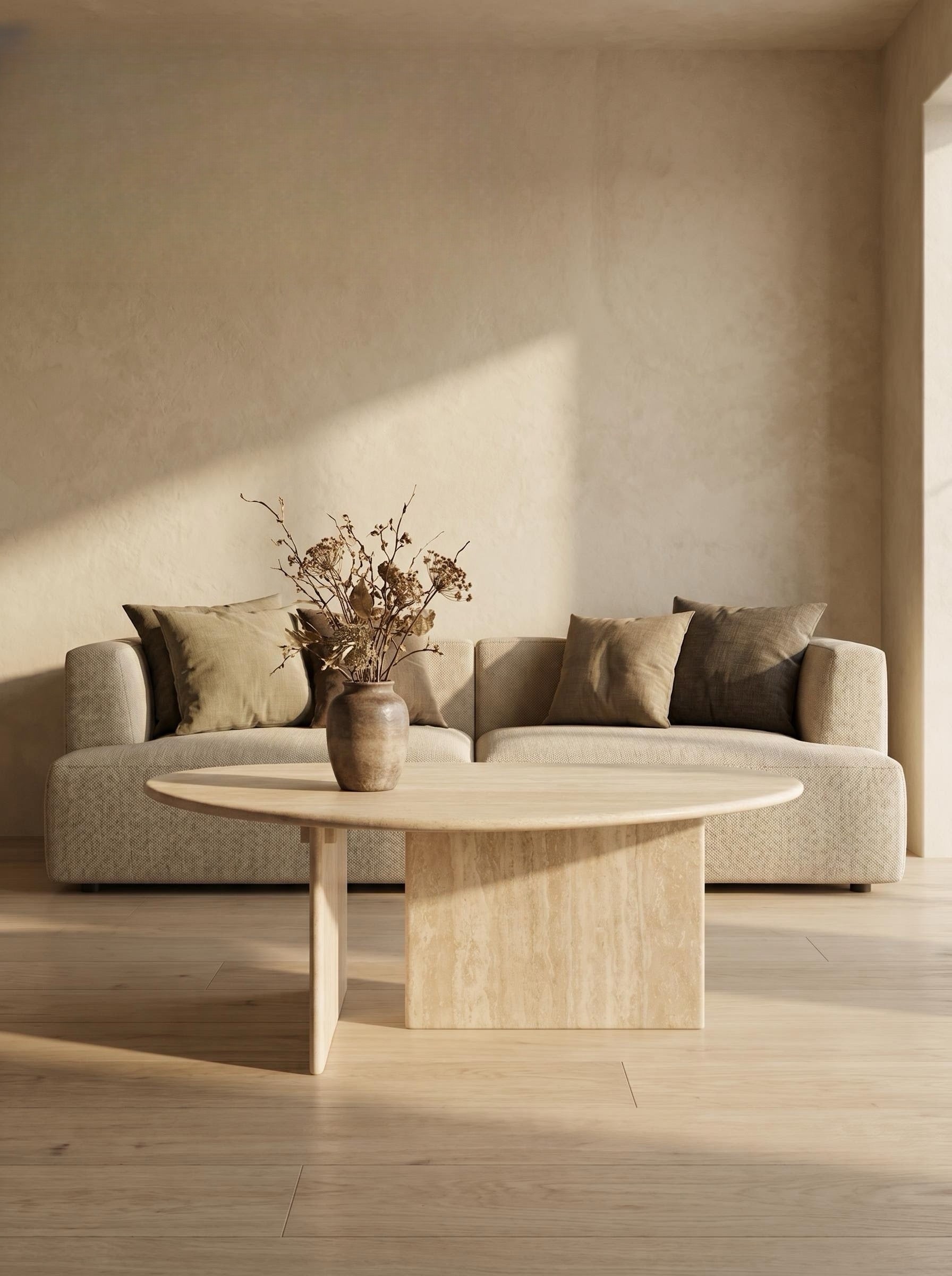 Luxury Beige Travertine Organic Egg Shape Coffee Table | Sculptural Natural Stone Center Table