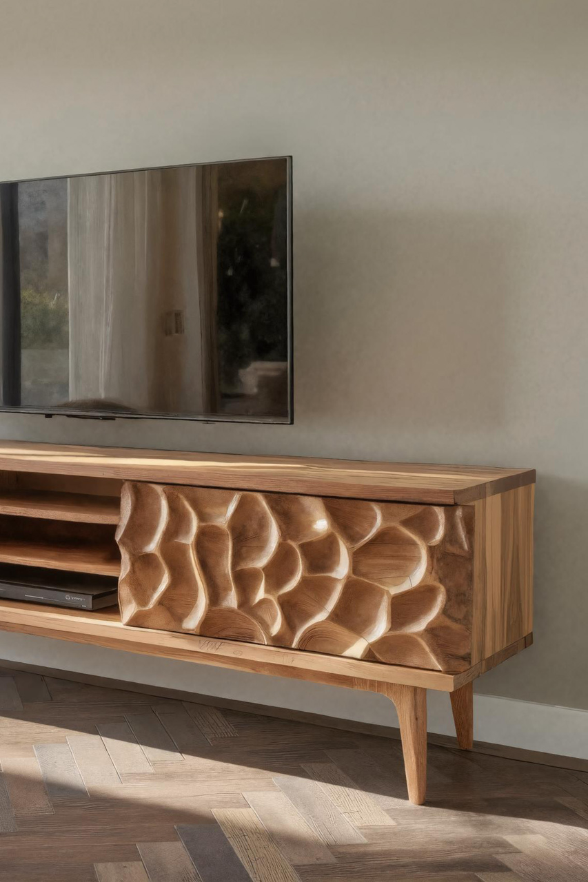 Rustic TV Stand With Carved Doors For Living Room