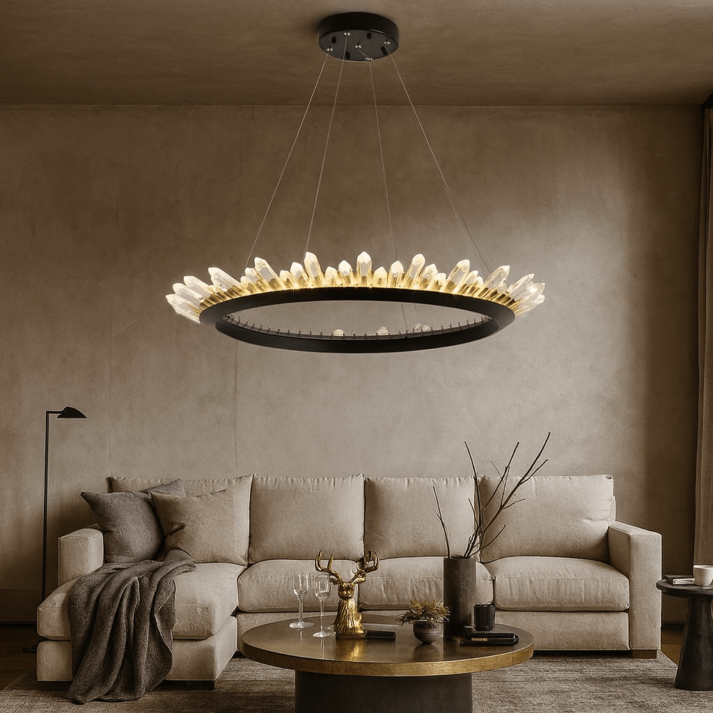 Collins crystal farmhouse chandelier by Morsale.com, a 38-inch fixture of hand-finished clear crystal on a brushed black steel frame above a living room sofa.
