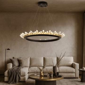 Collins crystal farmhouse chandelier by Morsale.com, a 38-inch fixture of hand-finished clear crystal on a brushed black steel frame above a living room sofa.