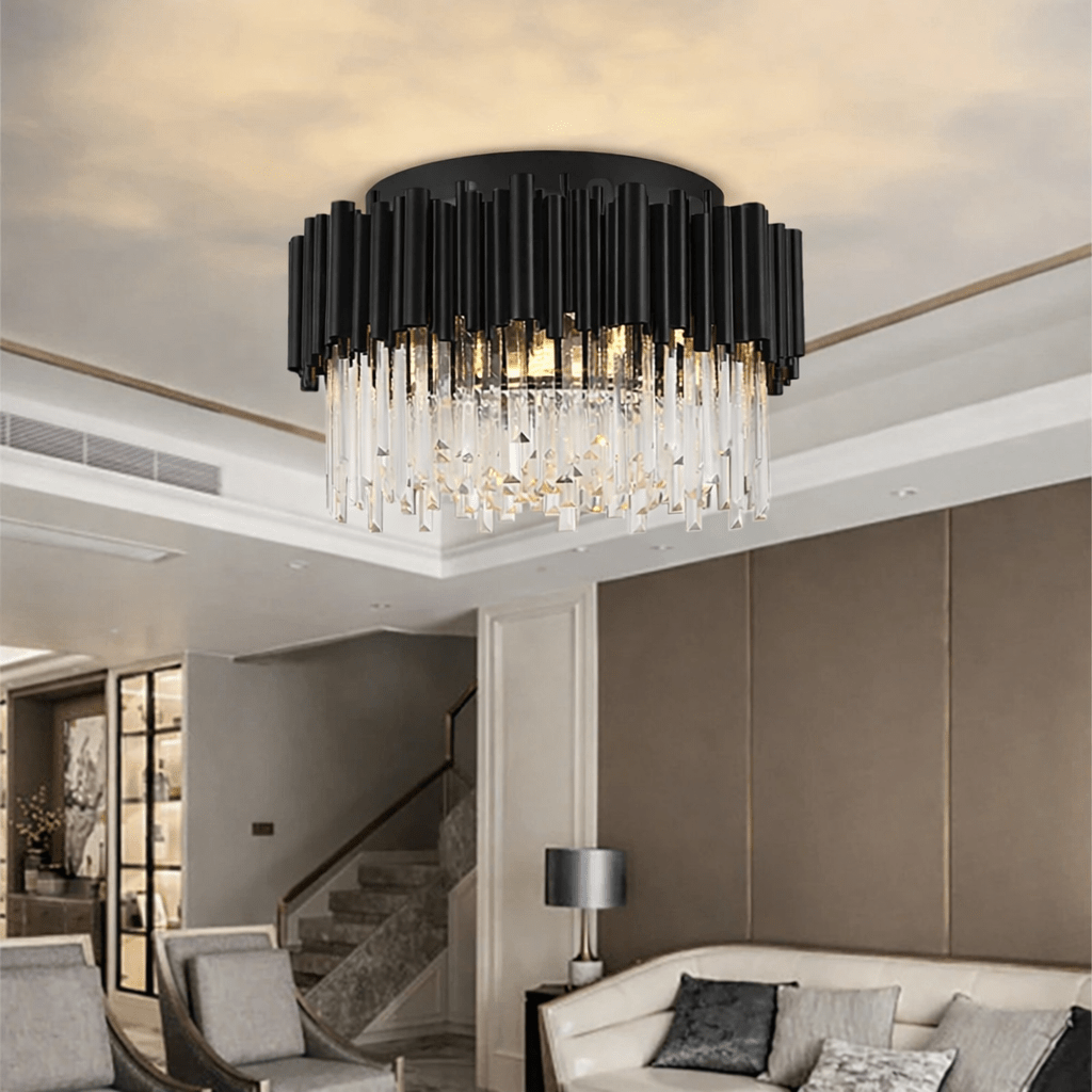Vigo flush mount crystal chandelier illuminated in a dining room