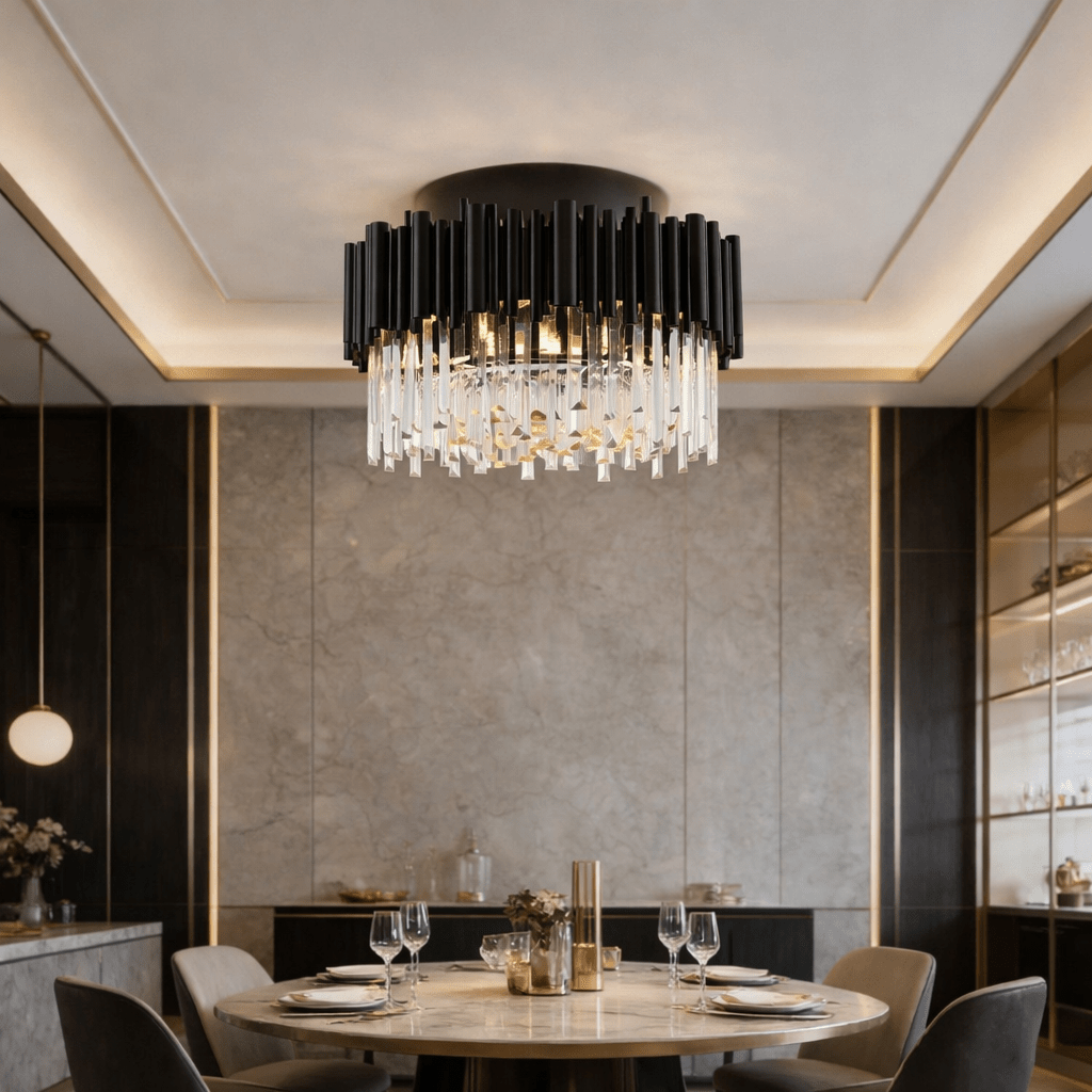 Vigo crystal flush mount chandelier with black steel frame on a ceiling