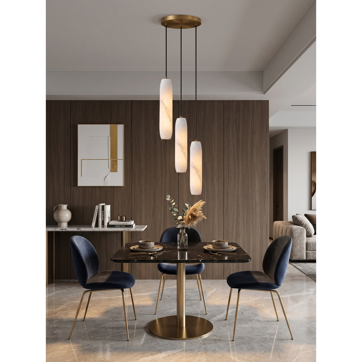 Flute Alabaster Chandelier - 2 headsBrass & Whitecasivra