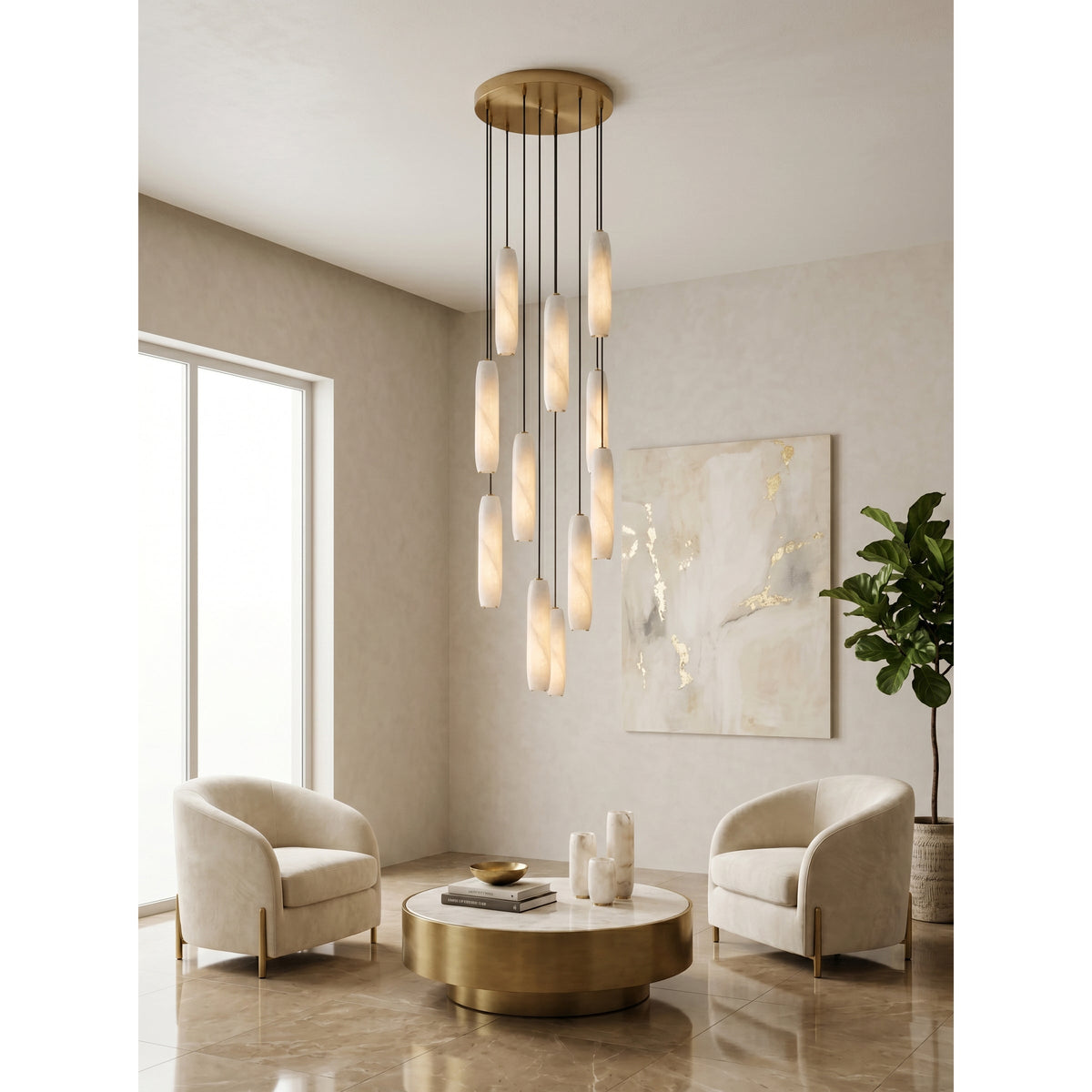 Flute Alabaster Chandelier - 2 headsBrass & Whitecasivra