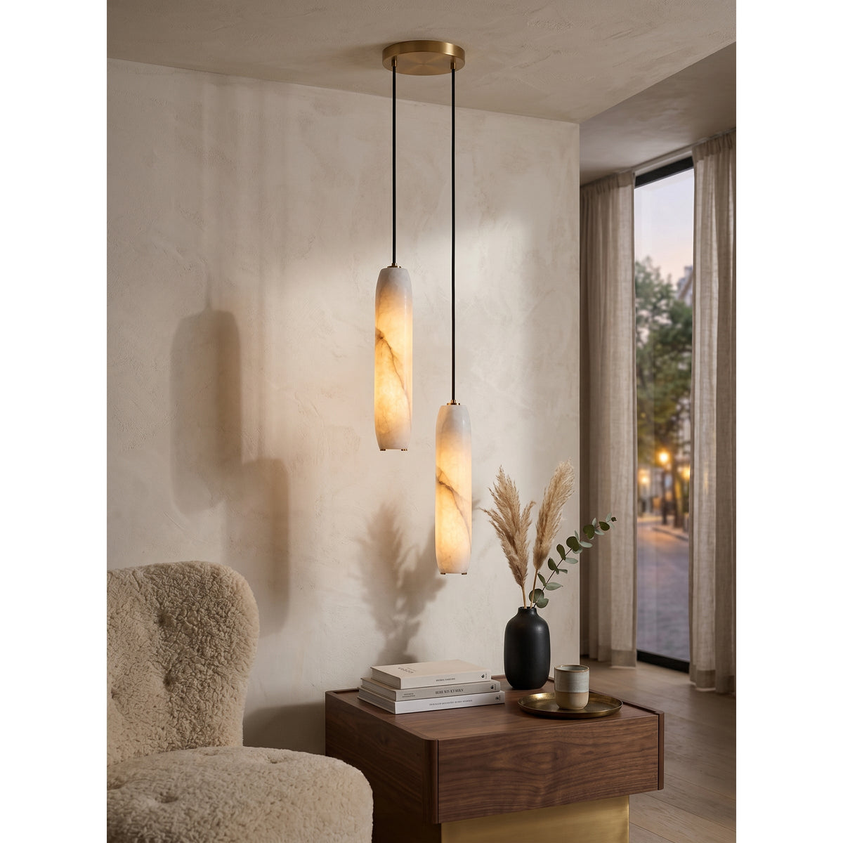 Flute Alabaster Chandelier - 2 headsBrass & Whitecasivra