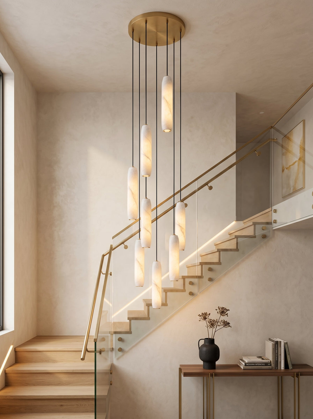Flute Alabaster Chandelier - 2 headsBrass & Whitecasivra