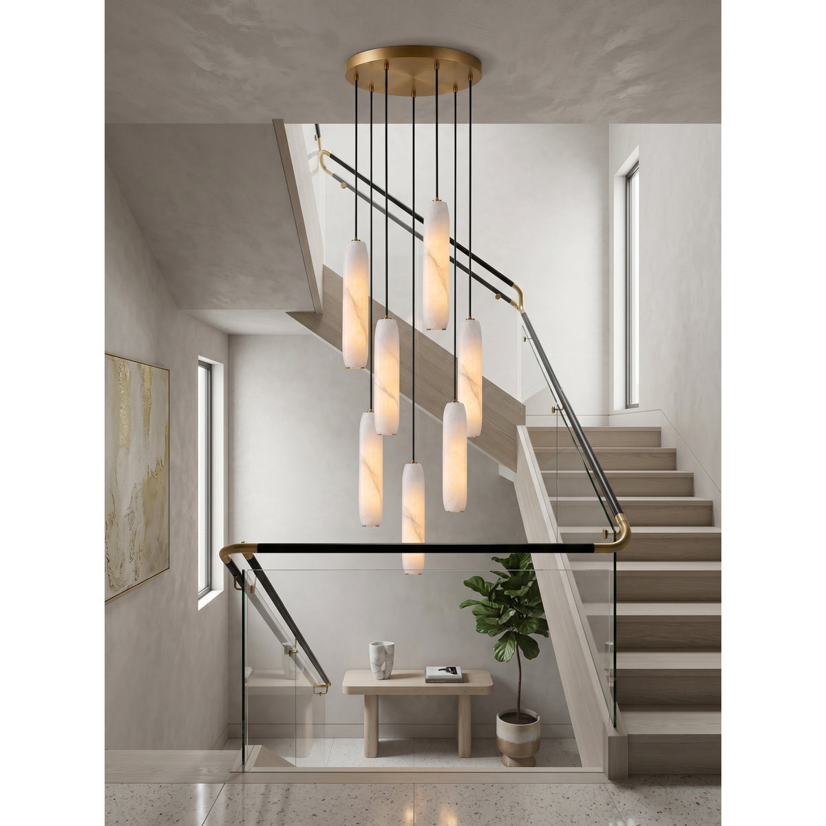 Flute Alabaster Chandelier - 2 headsBrass & Whitecasivra